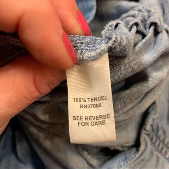 Cato Chambray Faux Wrap Roll Tab Sleeves Romper - Picture 9 of 9